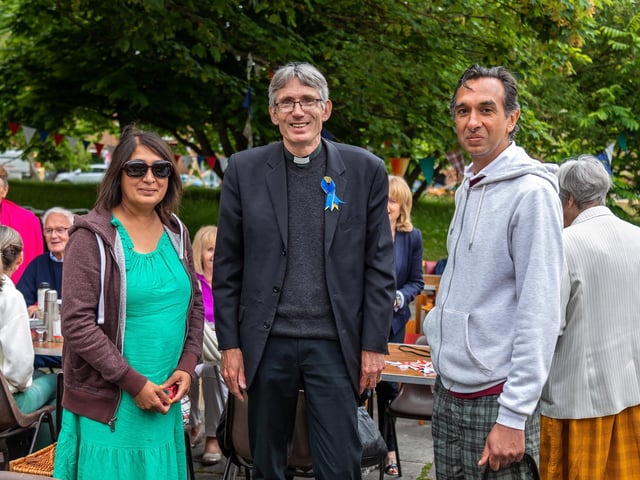 Anthony Cane (Dean of Portsmouth, centre) with Susan Hill and Gurbinder Kalirai at the Portsmouth Cathedral street party. Picture: Mike Cooter (050622)