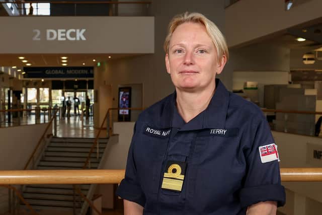 Pictured: Rear Admiral Jude Terry inside NCHQ at HMS Excellent on January 13. She was the first female to be appointed to the rank of Rear Admiral in the Royal Navy.