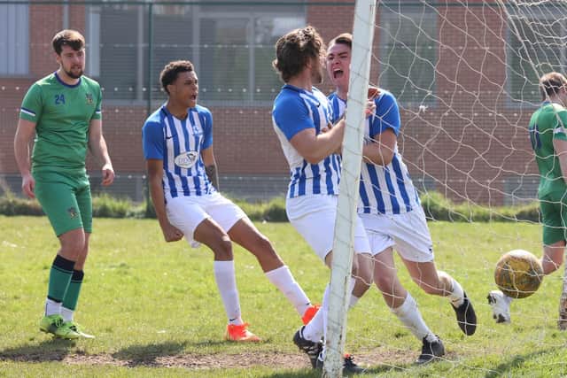 Coach & Horses Albion celebrate equalising in their 2-1 win over Cowplain in their London Cup semi-final. Picture by Kevin Shipp