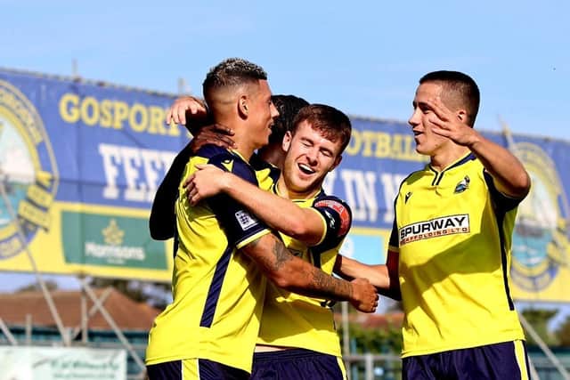 Gosport celebrate Matt Briggs' goal in the win over Yate. Picture: Tom Phillips