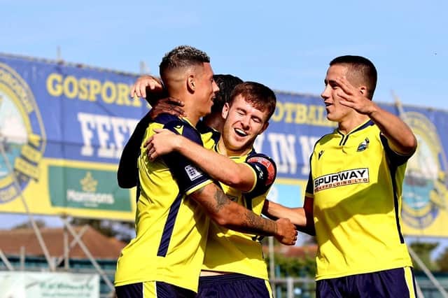 Gosport celebrate Matt Briggs' goal in the win over Yate. Picture: Tom Phillips