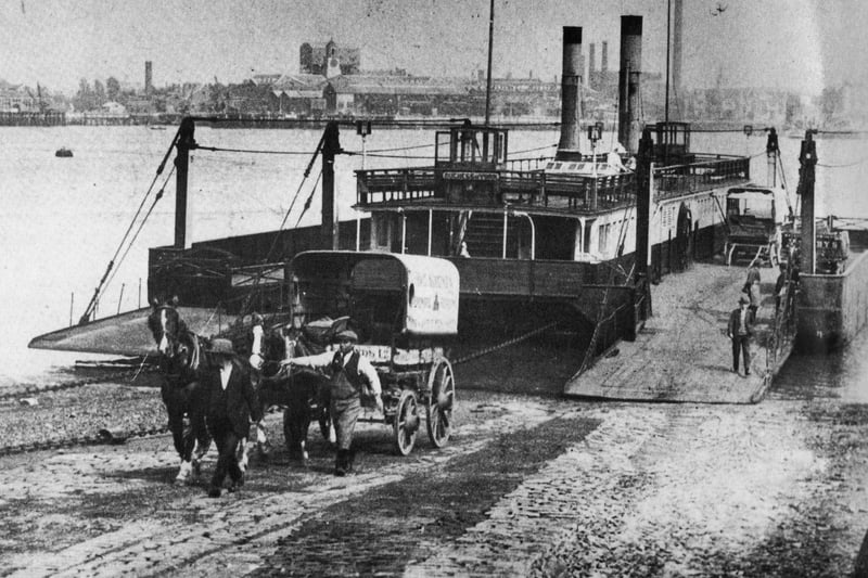 A horse-drawn cart disembarks from the floating bridge at Gosport in 1900