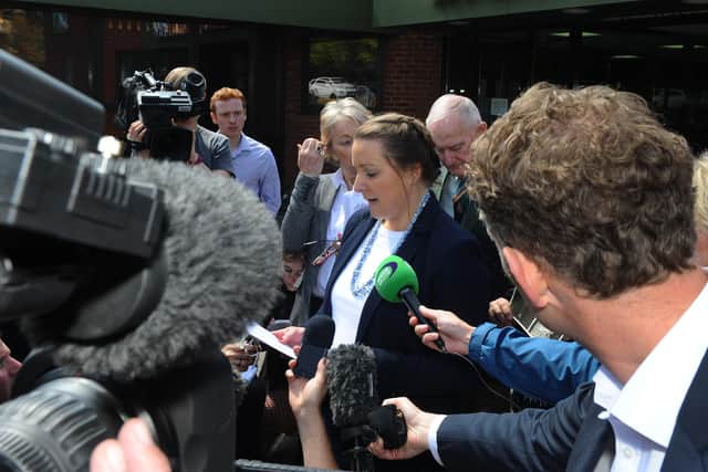 Bridget Devine-Reeves gave a statement to the press outside Ferneham Hall in Fareham. Bridget's grandmother Elsie Devine died aged 88 at Gosport War Memorial Hospital in 1999. Picture: Sarah Standing (300419-7457)