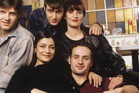 The cast of This Life, which began a repeat run on the BBC this week to mark its 30th anniversary. Clockwise from left, Jason Hughes (Warren), Jack Davenport (Miles), Daniela Nardini (Anna), Andrew Lincoln (Egg) and Amitra Dhiri (Milly). (Picture: World Productions/BBC)