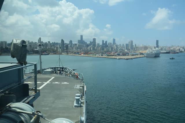 HMS Enterprise pictured approached the devastated city of Beirut after a huge blast ripped apart its port, killing hundreds and wounding thousands more. Photo: Twitter/Royal Navy