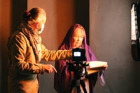 James Burke-Dunsmore recording Ingrid Corrigan recording her monologue as Miriam, in St Francis Church, Leigh Park for the living advent calendar