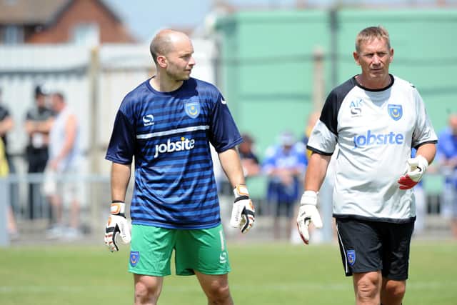 Phil Smith and Pompey goalkeeping coach Alan Knight at a pre-season friendly against Bognor Town in July 2013. Picture: Paul Jacobs  (131957-6)