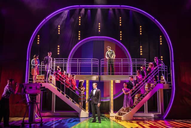 Alex Cardall (centre) and the cast of The Osmonds: A New Musical, at Mayflower Theatre, November 8-12, 2022. Picture by Pamela Raith