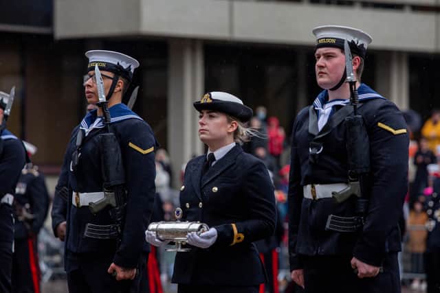 Royal Navy Freedom of the City parade in Portsmouth on Friday 11th March 2022Pictrued: Sailors of Portsmouth Naval Base at Guildhall Walk, PortsmouthPicture: Habibur Rahman