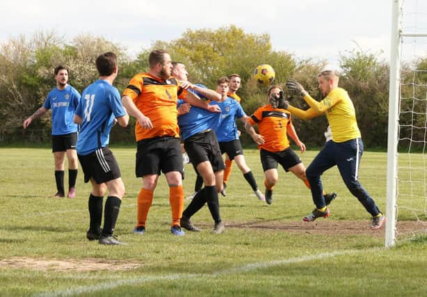 Congested goalmouth in Waterlooville Wanderers' double-header meeting with Mother Shipton Picture: Kevin Shipp