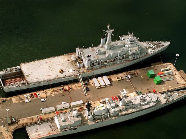 HMS Intrepid the Royal Navy assault ship (at top) in Basin 3 at Portsmouth Naval base in 1999. The News 993152-1