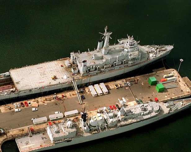 HMS Intrepid the Royal Navy assault ship (at top) in Basin 3 at Portsmouth Naval base in 1999. The News 993152-1
