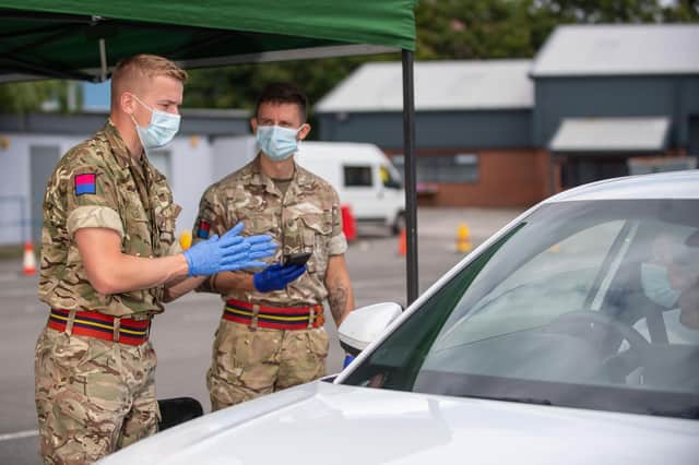 Royal Artillery soldiers picturing manning a coronavirus testing station. Photo: Cpl Andy Reid