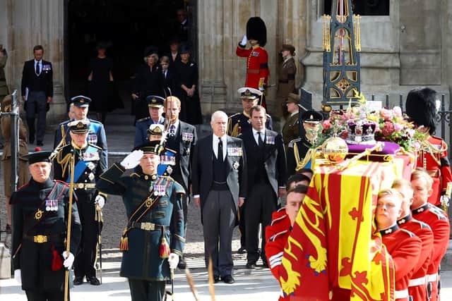 King Charles, Prince Harry, Duke of Sussex, Prince Andrew and William, Prince of Wales attend the state funeral and burial of Queen Elizabeth at Westminster Abbey on September 19, 2022 in London, England. Photo by Hannah McKay - WPA Pool/Getty Images