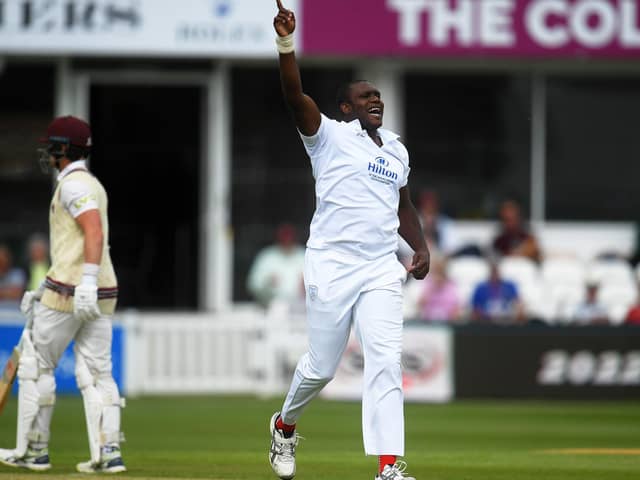 Keith Barker took three wickets on the third day at Cheltenham. Photo by Harry Trump/Getty Images