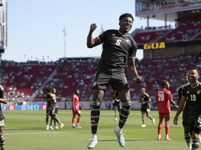 Pompey target and Jamaica international celebrates his goal against Saint Kitts and Nevis at the Gold Cup in USA. (Photo by Thearon W. Henderson/Getty Images)