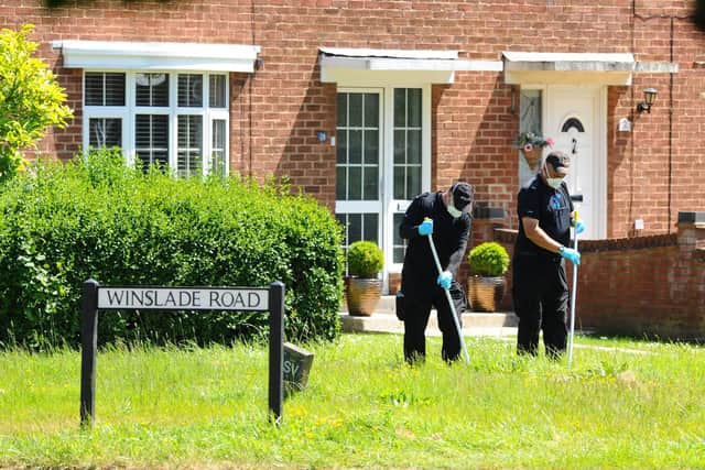 Police at the scene in Tichborne Grove, Leigh Park, on Monday, May 25, 2020, where George Allison was stabbed on Saturday evening, May 23.
Picture: Sarah Standing (250520-2787)