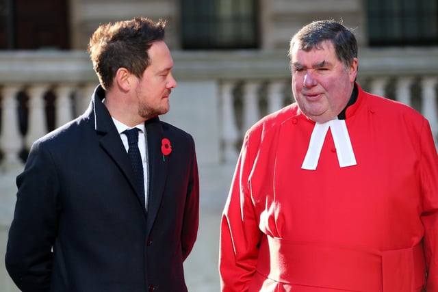 Stephen Morgan MP and Rev Canon Bob White after the service. Armistice Day Service, World War I Cenotaph, Guildhall Square, Portsmouth
Picture: Chris Moorhouse (jpns 111123-38)