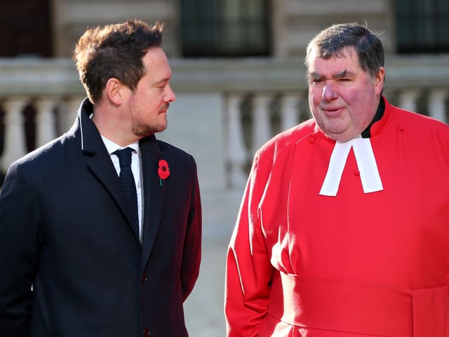 Stephen Morgan MP and Rev Canon Bob White after the service. Armistice Day Service, World War I Cenotaph, Guildhall Square, PortsmouthPicture: Chris Moorhouse (jpns 111123-38)
