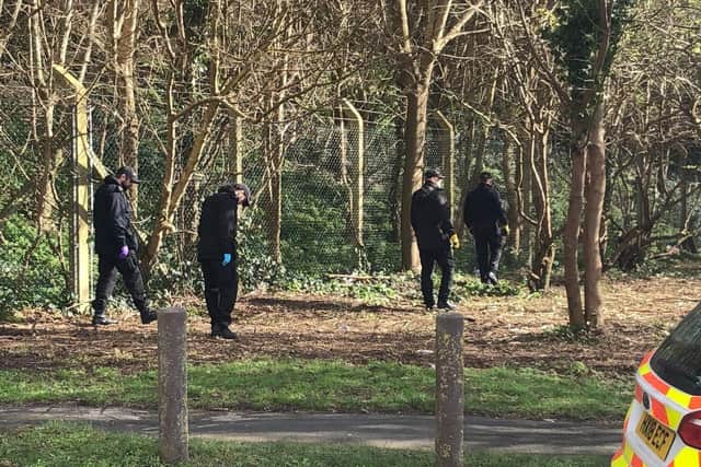 Police have cordoned off a large area in Allaway Avenue in Paulsgrove on March 1, 2020. Paulsgrove Skate Park has also been cordoned off by police. Picture: David George
