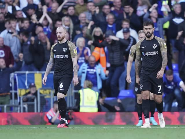 Connor Ogilvie and Marlon Pack look dejected after Ipswich's third goal in the Blues' 3-2 defeat at Portman Road.