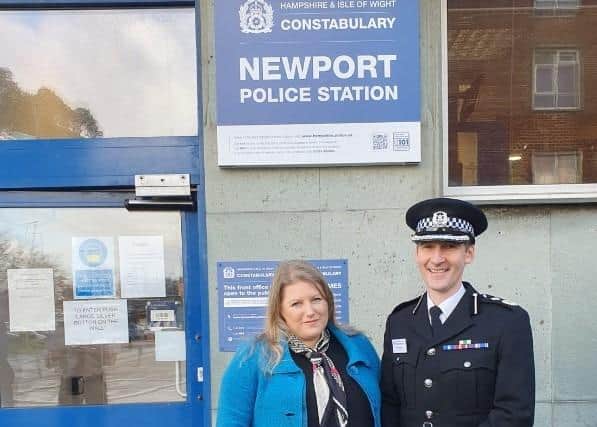 PCC Donna Jones and Acting Chief Constable Ben Snuggs under the new sign. Pic Office of the Police and Crime Commissioner