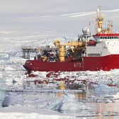 HMS Protector carefully navigates the Antarctic ice floes