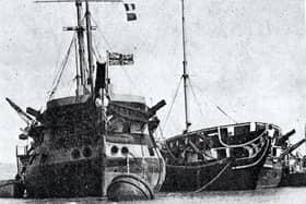 A survivor from the Battle of Trafalgar, the Duguay Trouin, left, renamed Implacable, alongside Foudroyant at Portchester Trot.