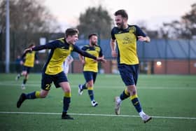 Dec Seiden, right, has just netted his second goal at Hayling. Picture: Dave Bodymore.