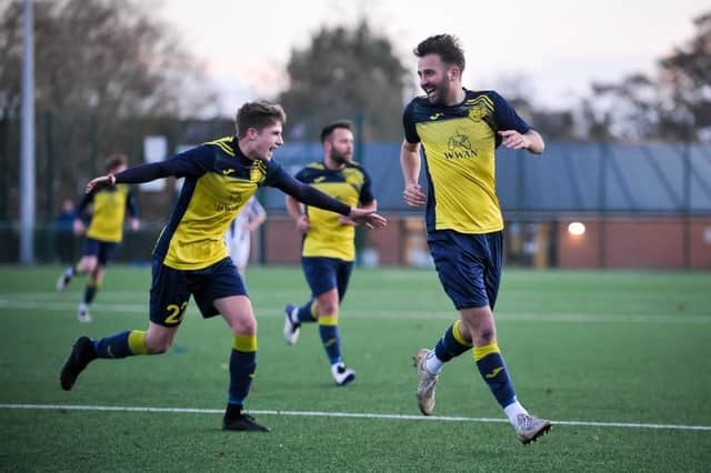 Dec Seiden, right, has just netted his second goal at Hayling. Picture: Dave Bodymore.