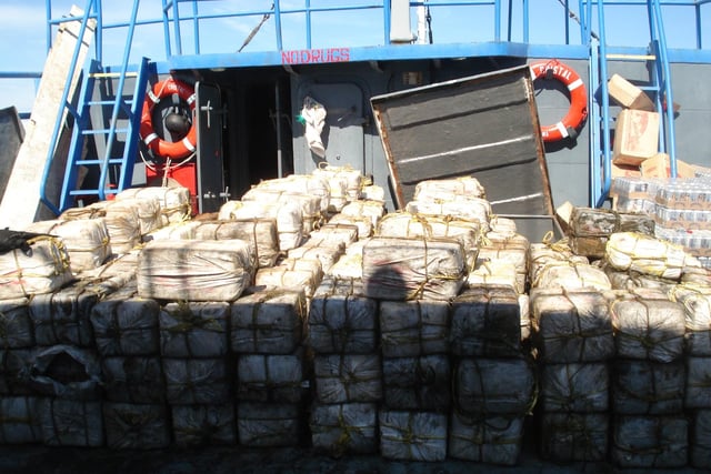 The 212 bales of cocaine seized by a joint Royal Navy/US Coast Guard team from the Warship HMS Iron Duke operating in the Caribbean -   Portsmouth-based frigate HMS Iron Duke has made the largest seizure of cocaine ever recorded by the Royal Navy. The warship, working with the supply ship Royal Fleet Auxiliary (RFA) Fort George, seized over five and a half tonnes of cocaine in an operation off the coast of South America. It was the third major counter narcotics success for HMS Iron Duke in the region. The scale of the seizure marks a particularly significant blow to the narcotics trafficking industry. Although the intended destination of the drug cargo is unknown, had it reached the UK it could have been worth more than £240 Million at street prices. Minister for the Armed Forces Mr Bill Rammell MP said: Again, the Royal Navy has successfully damaged the trade in this vile substance, which only serves to poison our communities. The crew rightly deserve our praise and thanks for the work they do on our behalf. HMS Iron Dukes Commanding Officer, Commander Andrew Stacey RN, said: This is the largest seizure of cocaine in Royal Navy history, and is a very significant victory in the continuing fight against illegal drugs.