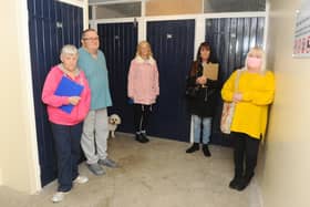 Residents at Guinness flats in West Leigh are angry as the housing association is taking away their storage sheds to provide a sprinkler system and not providing an alternative storage facilty.

Pictured is: Residents from Solent House (l-r) Jenny Wright (72) with her husband Mike (76), Lorraine Kirby (66) with her dog Bud, Denise Jenkins (58) and Jules Young (56).

Picture: Sarah Standing (301020-7307)