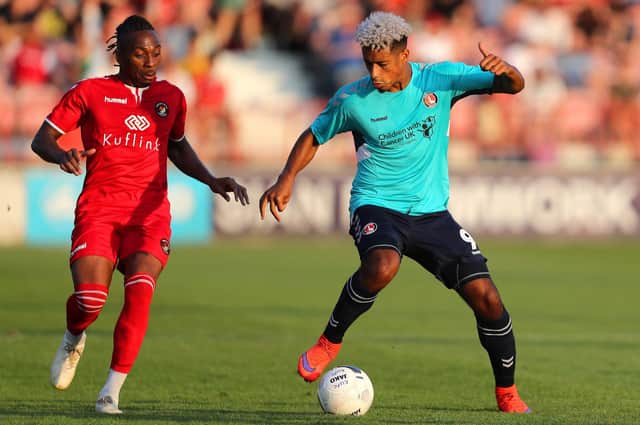 Ebbsfleet's Aswad Thomas, left, in action against Charlton Athletic in a pre-season friendly last summer. Photo by James Chance/Getty Images.