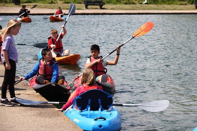 Gosport Marine Festival 2023 at Haslar Marina, Cockle Pond, Walpole Park. Pictured are some children giving kayaking a go.

Saturday 20th May 2023.

Picture: Sam Stephenson.