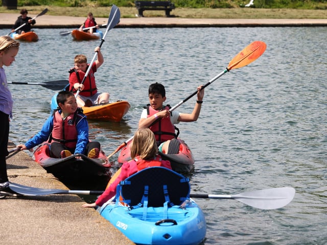 Gosport Marine Festival 2023 at Haslar Marina, Cockle Pond, Walpole Park. Pictured are some children giving kayaking a go.
Saturday 20th May 2023.
Picture: Sam Stephenson.