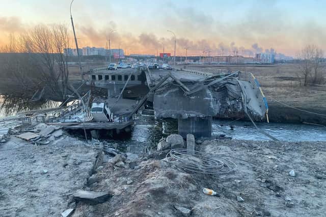 A ruined bridge near the Ukrainian capital of Kyiv.