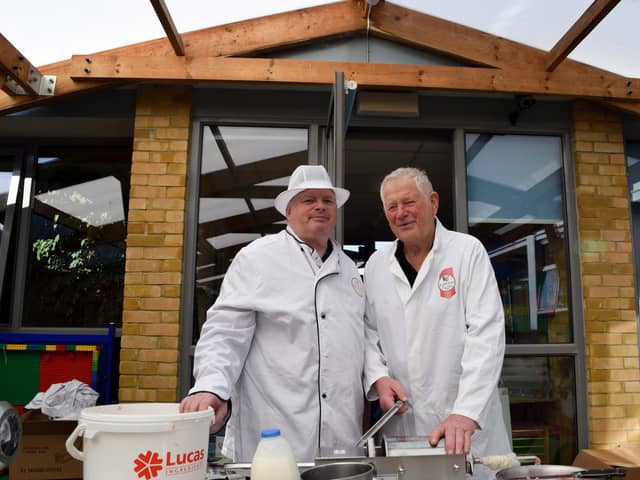 Billy and Rob Owton from Owton's Butchers gave pupils at Wicor Primary School a sausage making lesson