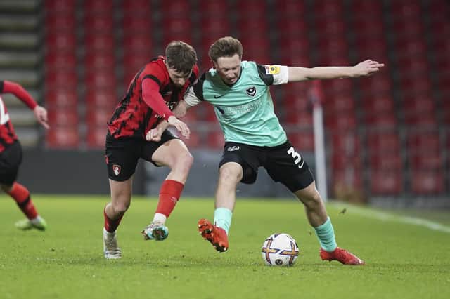 Denver Hume battles to keep possession in Pompey's 5-2 defeat at Bournemouth in the Hampshire Senior Cup. Picture: Jason Brown