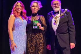 Sophie Cartledge (centre), of Hormones on the Blink, picking up her award for emerging business at The Pamodzi Inspirational Women of Portsmouth Awards 2023. Sophie is pictured with Hannah Roper of The Female Creative and the Lord Mayor of Portsmouth Hugh Mason Picture: Emma Terracciano