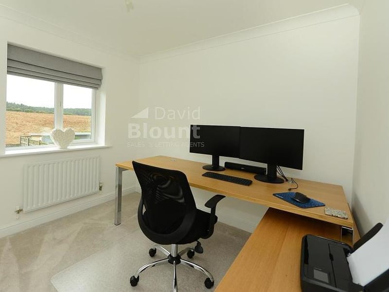 The fourth and final bedroom, which is currently being used as an office. It overlooks the back of the property and lots of open fields.