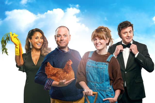 The Good Life. from left: Preeya Kalidas, Rufus Hound, Sally Tatum, Dominic Rowan