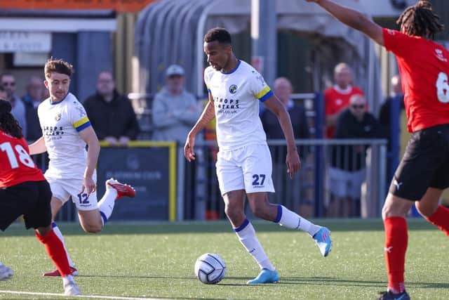 Manny Duku on the ball during Hawks' draw with Billericay at Westleigh Park. Photo by Alex Shute