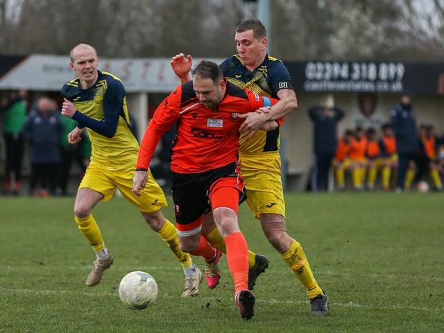 Moneyfields' Jack Lee keeps a close eye on Brett Pitman. Picture by Nathan Lipsham