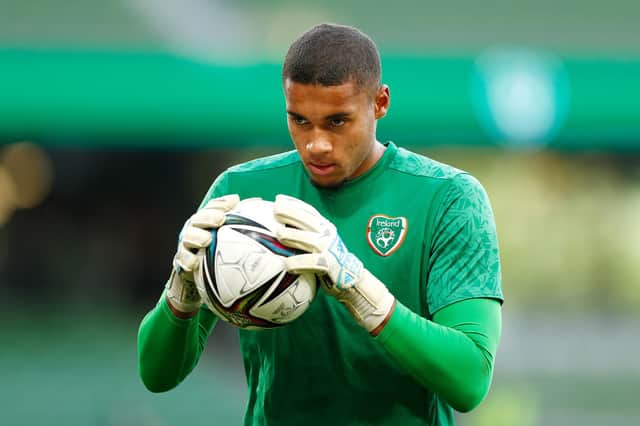 Gavin Bazunu of Republic of Ireland looks on as he warms up prior to the 2022 FIFA World Cup Qualifier match between Republic of Ireland and Serbia.    (Photo by Oisin Keniry/Getty Images)