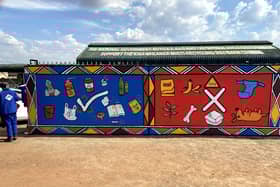 A mural in the Thembisile Hani Local Municipality of the Mpumalanga Province, South Africa, designed as part of a pilot study to help reduce plastic waste. The University of Portsmouth's Revolution Plastics team and the Department of Agriculture, Rural Development and Environmental Affairs (DARDLEA)  worked with UK-based charity WasteAid on the scheme