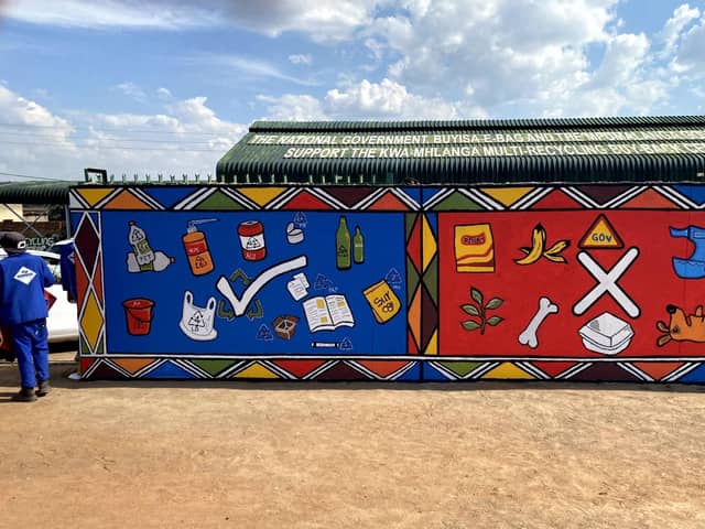 A mural in the Thembisile Hani Local Municipality of the Mpumalanga Province, South Africa, designed as part of a pilot study to help reduce plastic waste. The University of Portsmouth's Revolution Plastics team and the Department of Agriculture, Rural Development and Environmental Affairs (DARDLEA)  worked with UK-based charity WasteAid on the scheme
