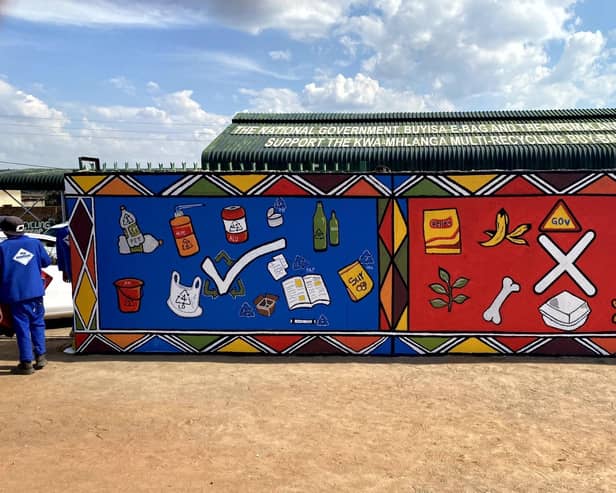 A mural in the Thembisile Hani Local Municipality of the Mpumalanga Province, South Africa, designed as part of a pilot study to help reduce plastic waste. The University of Portsmouth's Revolution Plastics team and the Department of Agriculture, Rural Development and Environmental Affairs (DARDLEA)  worked with UK-based charity WasteAid on the scheme