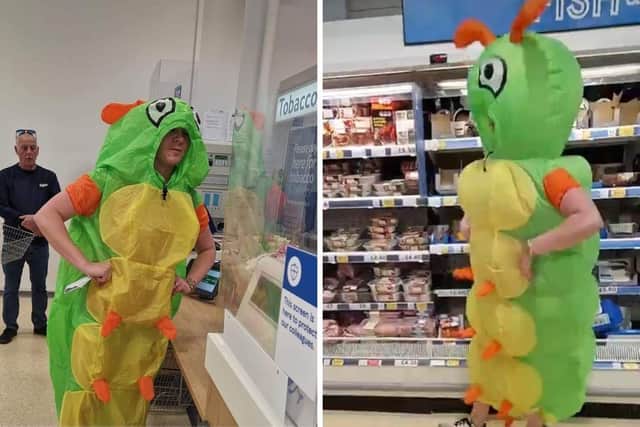 Leanne Conroy had to wiggle down the aisle dressed as a caterpillar in Tesco. Her friends gave her 40 challenges and pranks for her 40th birthday. Picture: Leanne Conroy.