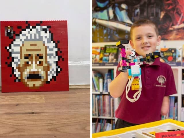 Lego artist, Gosport Bricksy, has created an Albert Einstein display for local schoolboy Albert McCormick, who's love of Lego has made him want to build his own robotic arm. The mural is placed outside Rowner Junior School. Picture: Gosport Bricksy/Habibur Rahman.