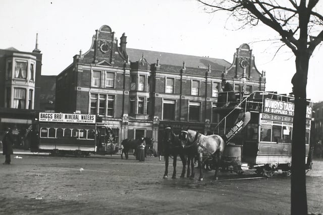Horse tram at Portsmouth, Kings Road Junction, showing horse cars proceeding to Beach Mansions (South Parade Pier) and Dockyard. As no electrification works appear to have taken place, this view must be at latest, early 1901. The buildings in background were all destroyed 10-11-1-1941, Portsmouth. (Photo by Hulton Archive/Getty Images)